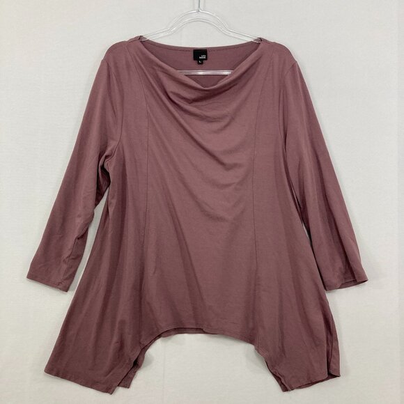 Lisa Bayne Large Mauve Draped Neck 3/4 Sleeve Shark-bite Hem Stretch Knit Blouse - Picture 1 of 8